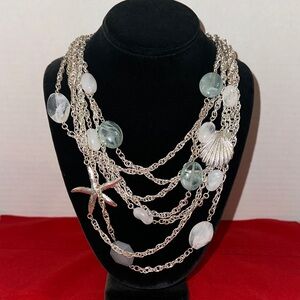 Talbots Elegant Silver Multi-Layer Beaded Necklace with Sea Motifs